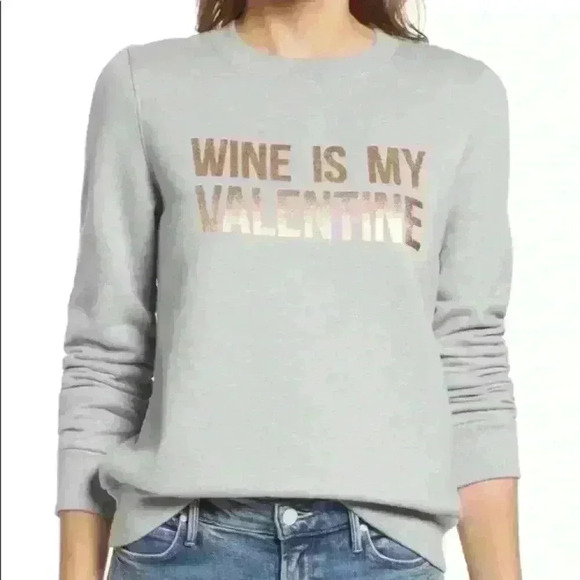 Halogen “Wine is My Valentine” Gray Crewneck Sweatshirt - Picture 1 of 9